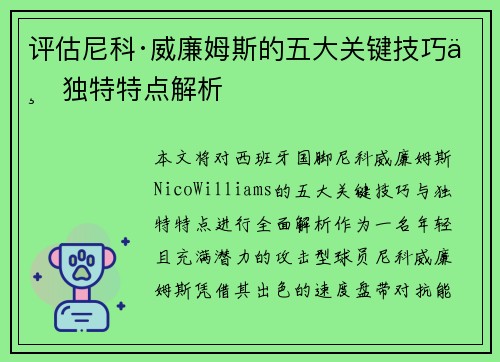 评估尼科·威廉姆斯的五大关键技巧与独特特点解析 评估尼科·威廉姆斯的五大关键技巧与独特特点解析